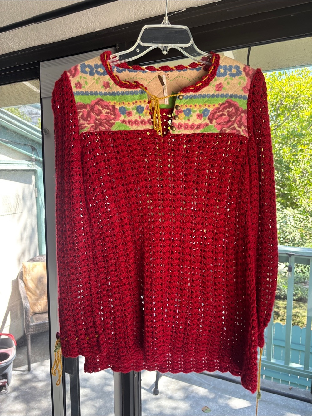 Free People Red Open-Knit Women’s Pullover with Floral Yoke